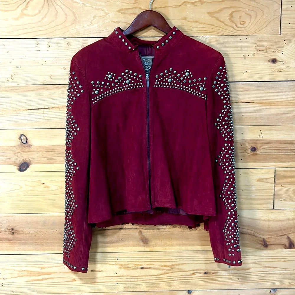 NWT Double D Ranchwear red suede fringe stud zip western nfr rodeo jacket Large